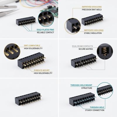 دو ردیف 2.54MM زاویه راست زنانه اتصال سر 04P-80P طلایی فلش PA6T PCB از طریق سوراخ