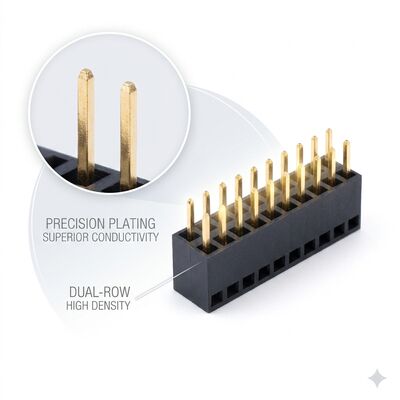 دو ردیف 2.54MM زاویه راست زنانه اتصال سر 04P-80P طلایی فلش PA6T PCB از طریق سوراخ